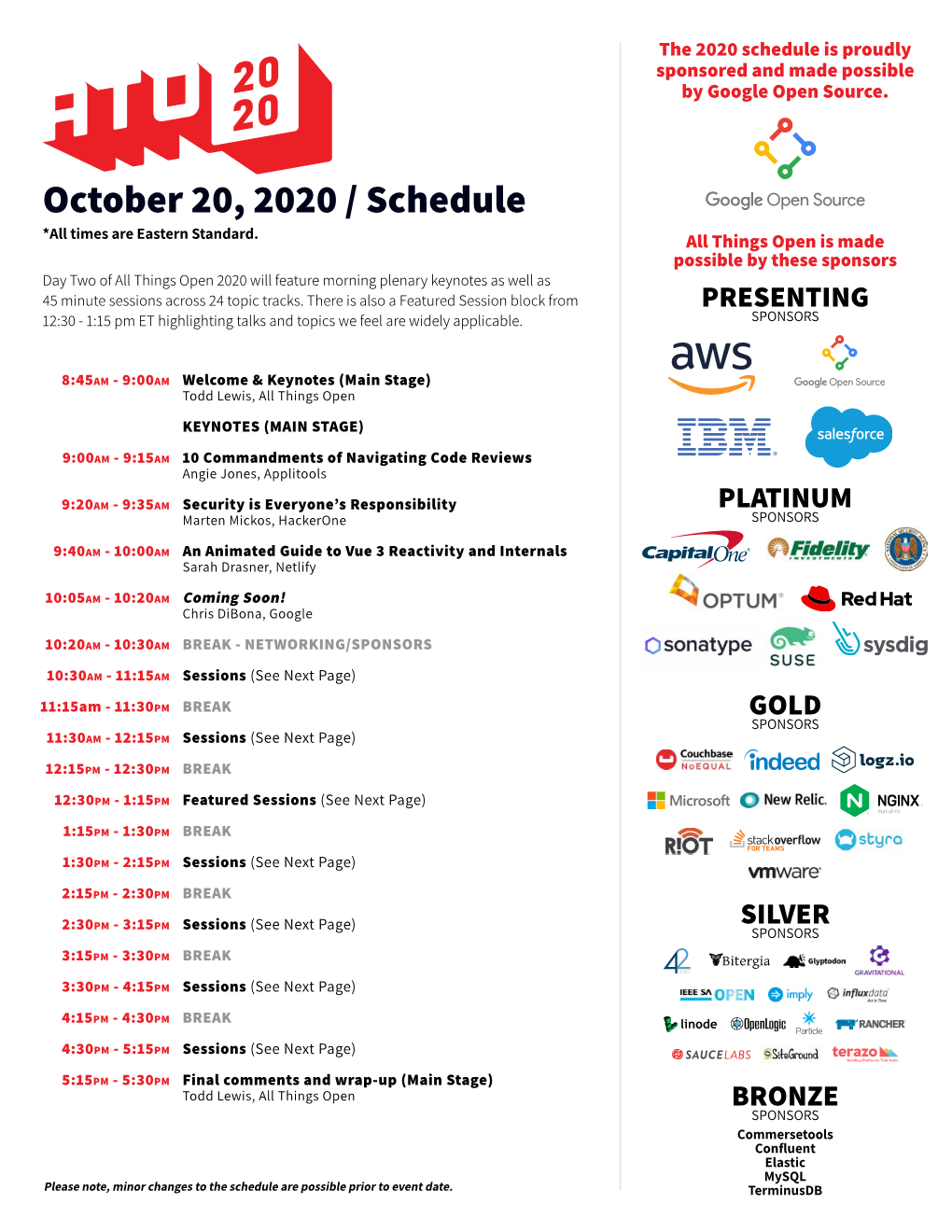 October 20, 2020 / Schedule *All Times Are Eastern Standard