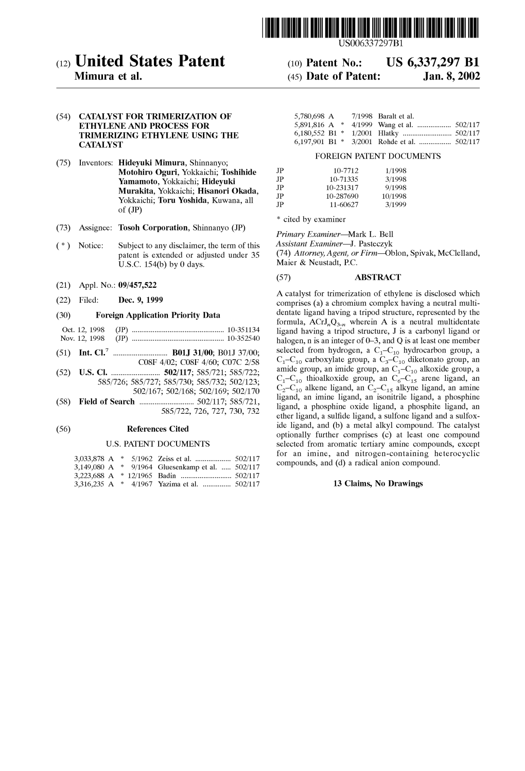 (12) United States Patent (10) Patent No.: US 6,337,297 B1 Mimura Et Al