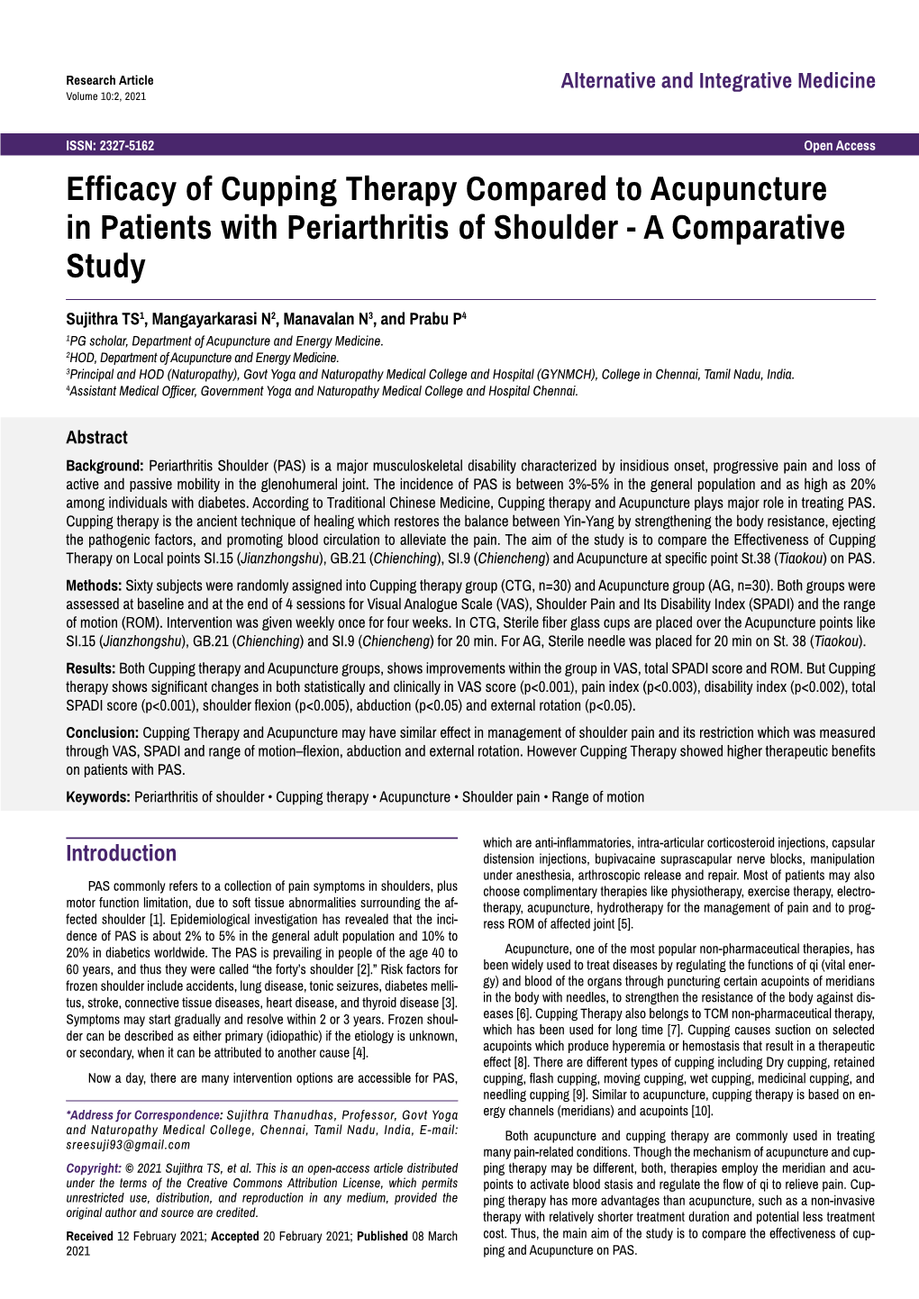 Efficacy of Cupping Therapy Compared to Acupuncture in Patients with Periarthritis of Shoulder - a Comparative Study