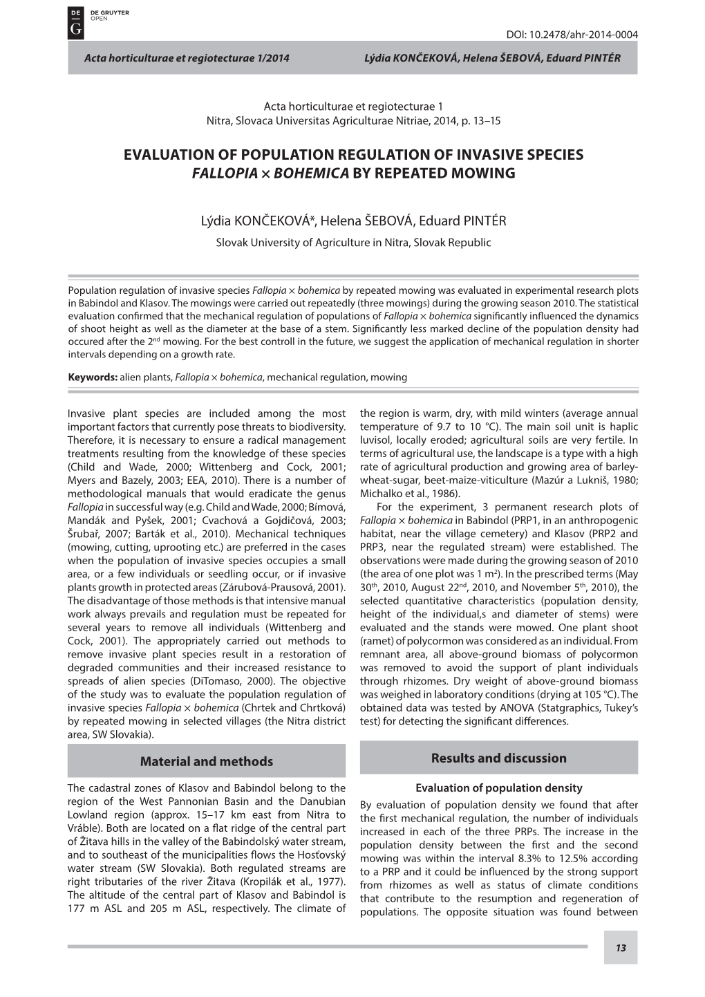 Evaluation of Population Regulation of Invasive Species Fallopia × Bohemica by Repeated Mowing