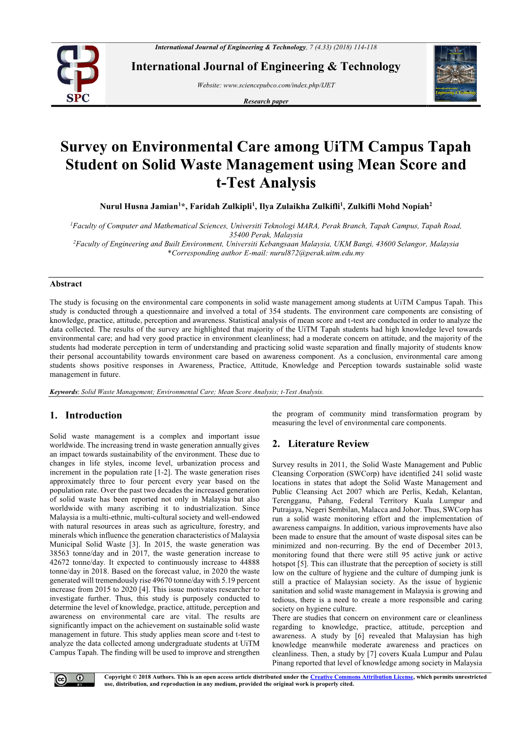 Survey on Environmental Care Among Uitm Campus Tapah Student on Solid Waste Management Using Mean Score and T-Test Analysis