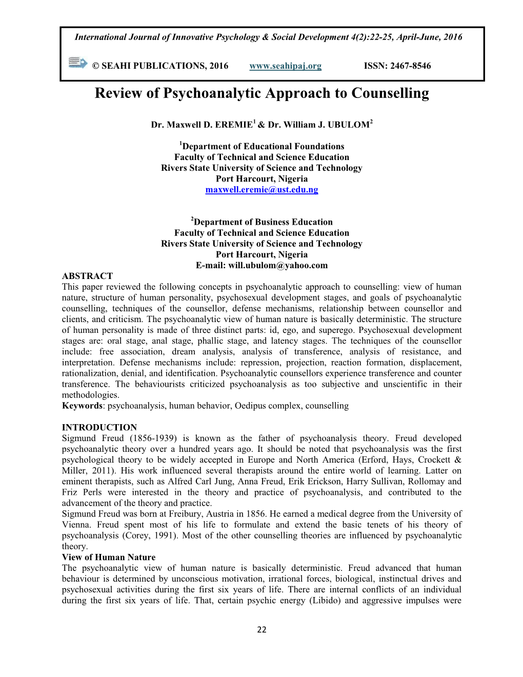 Review of Psychoanalytic Approach to Counselling