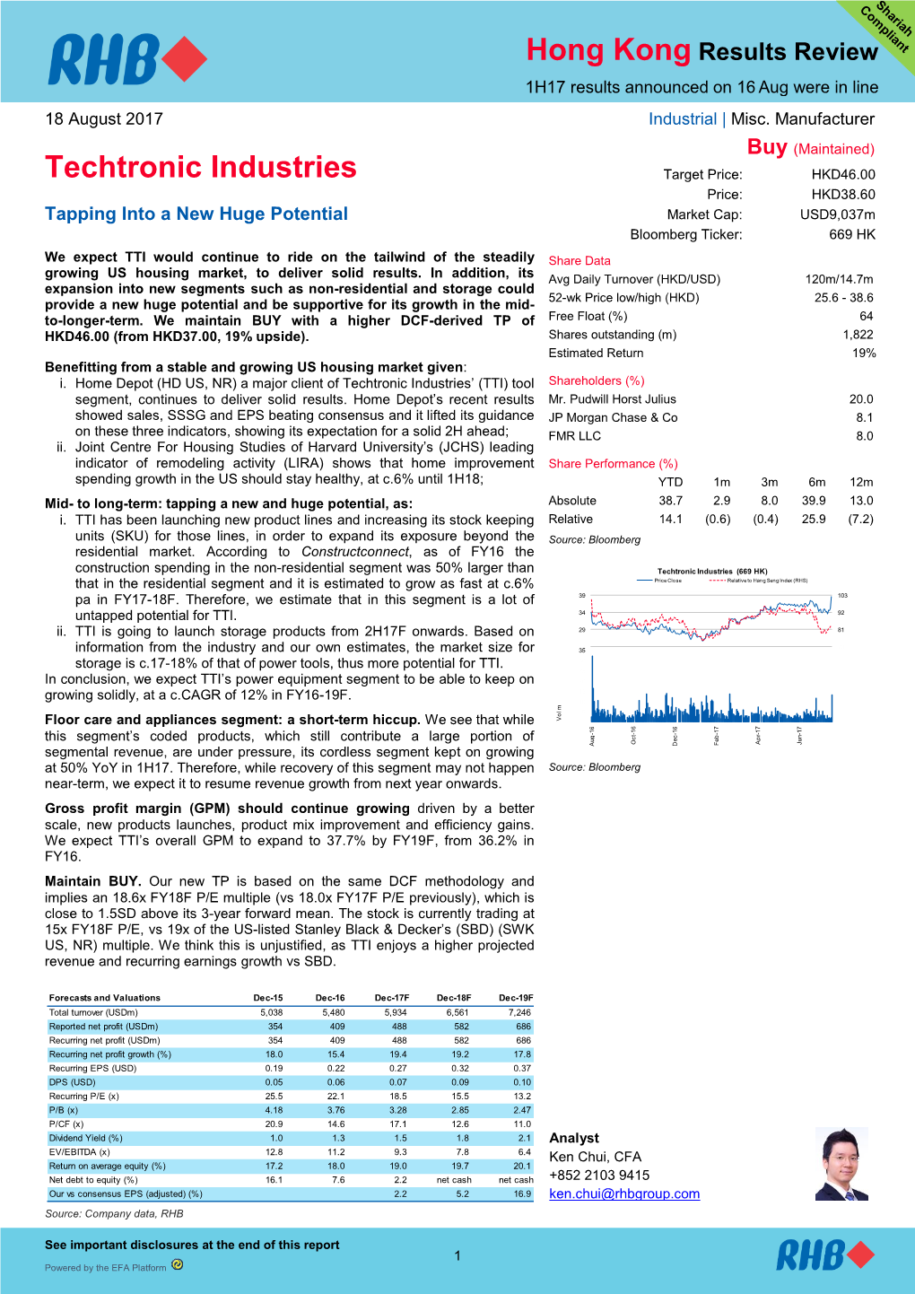 Techtronic Industries Target Price: HKD46.00 Price: HKD38.60 Tapping Into a New Huge Potential Market Cap: USD9,037M Bloomberg Ticker: 669 HK
