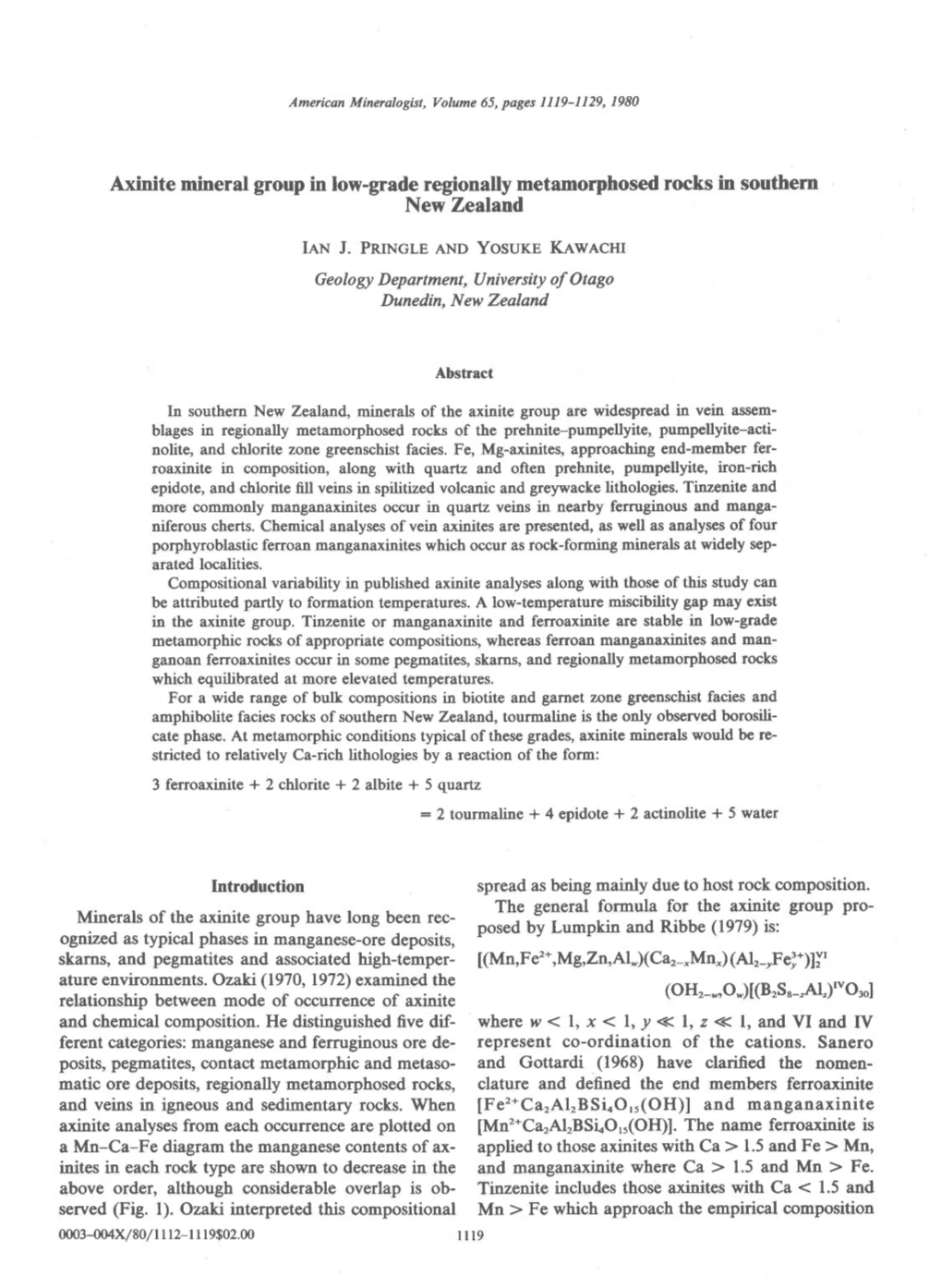 Axinite Mineral Group in Low-Grade Regionally Metamorphosed Rocks In