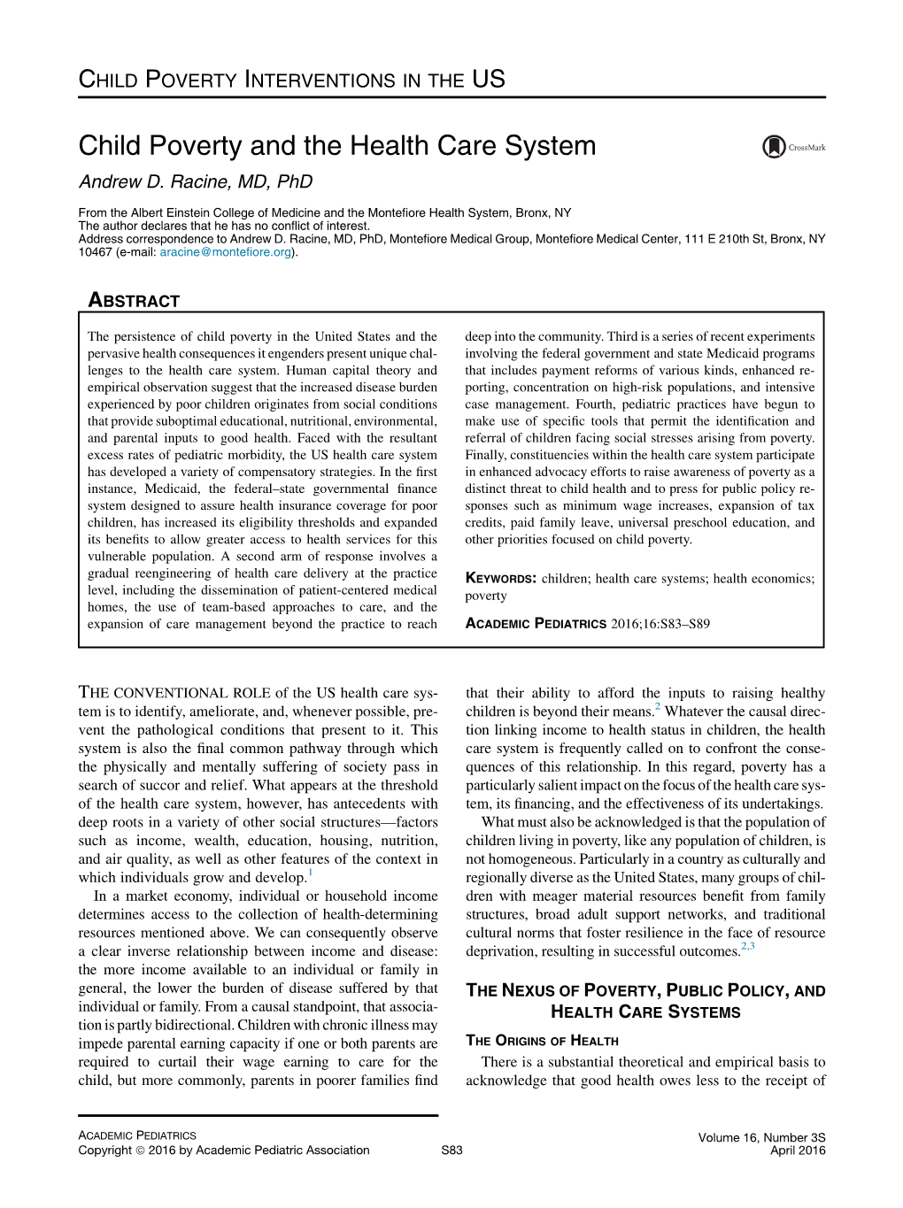 Child Poverty and the Health Care System Andrew D