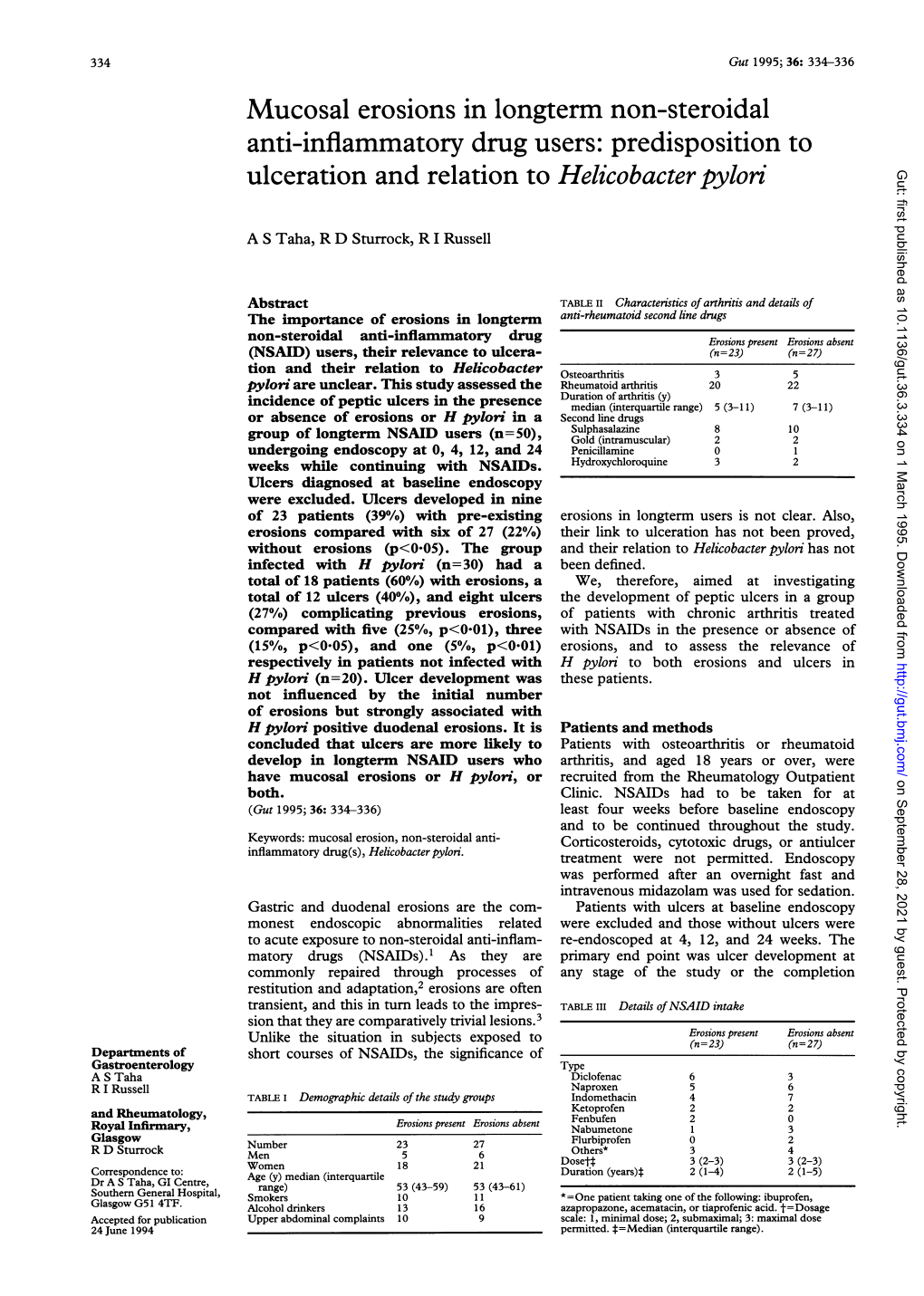 Mucosal Erosions in Longterm Non-Steroidal Anti