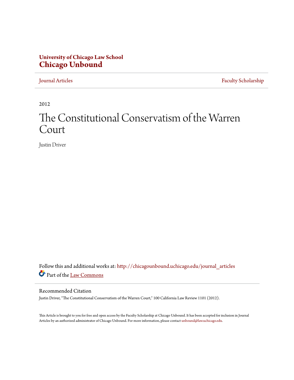 The Constitutional Conservatism of the Warren Court