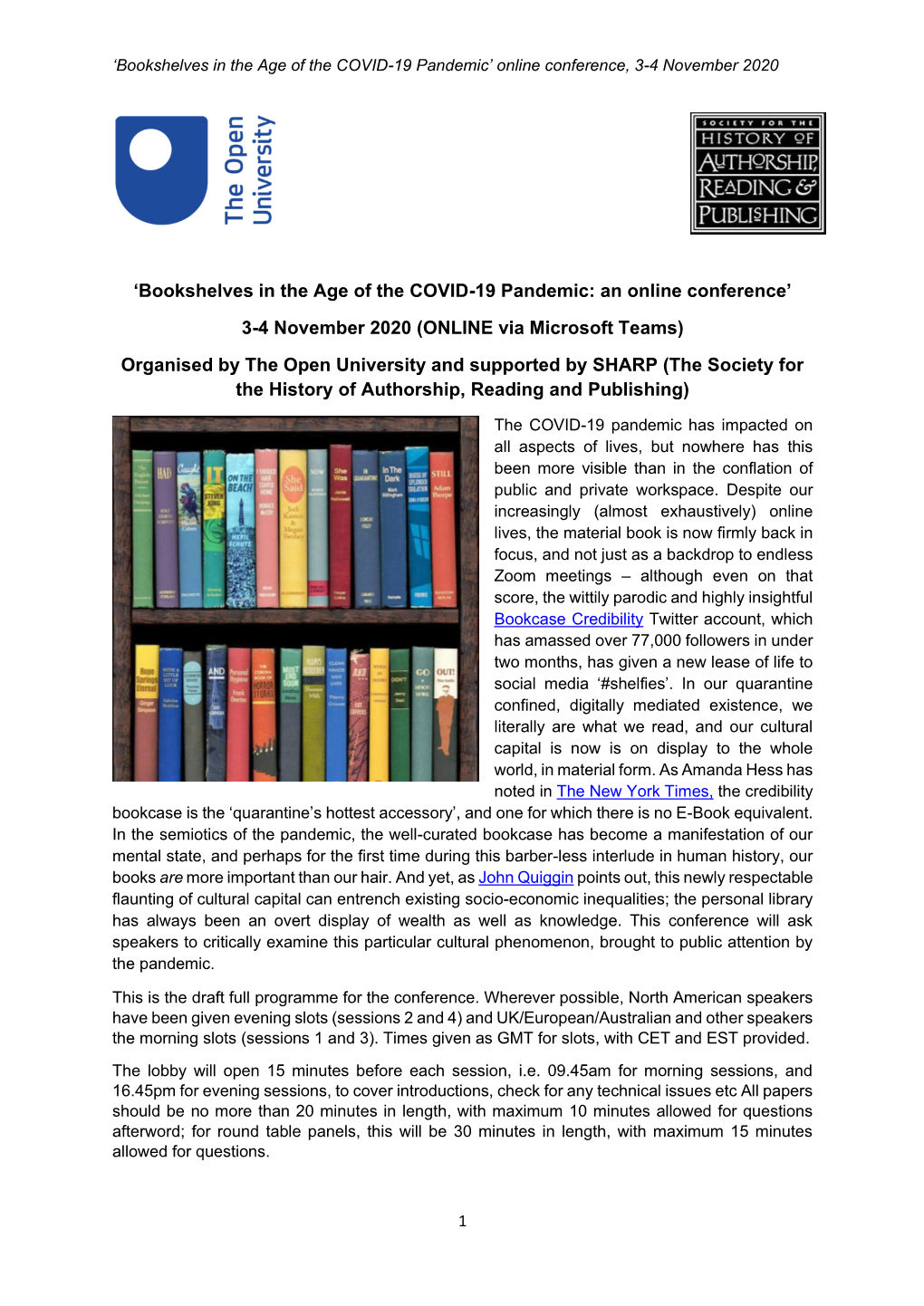 'Bookshelves in the Age of the COVID-19 Pandemic: an Online