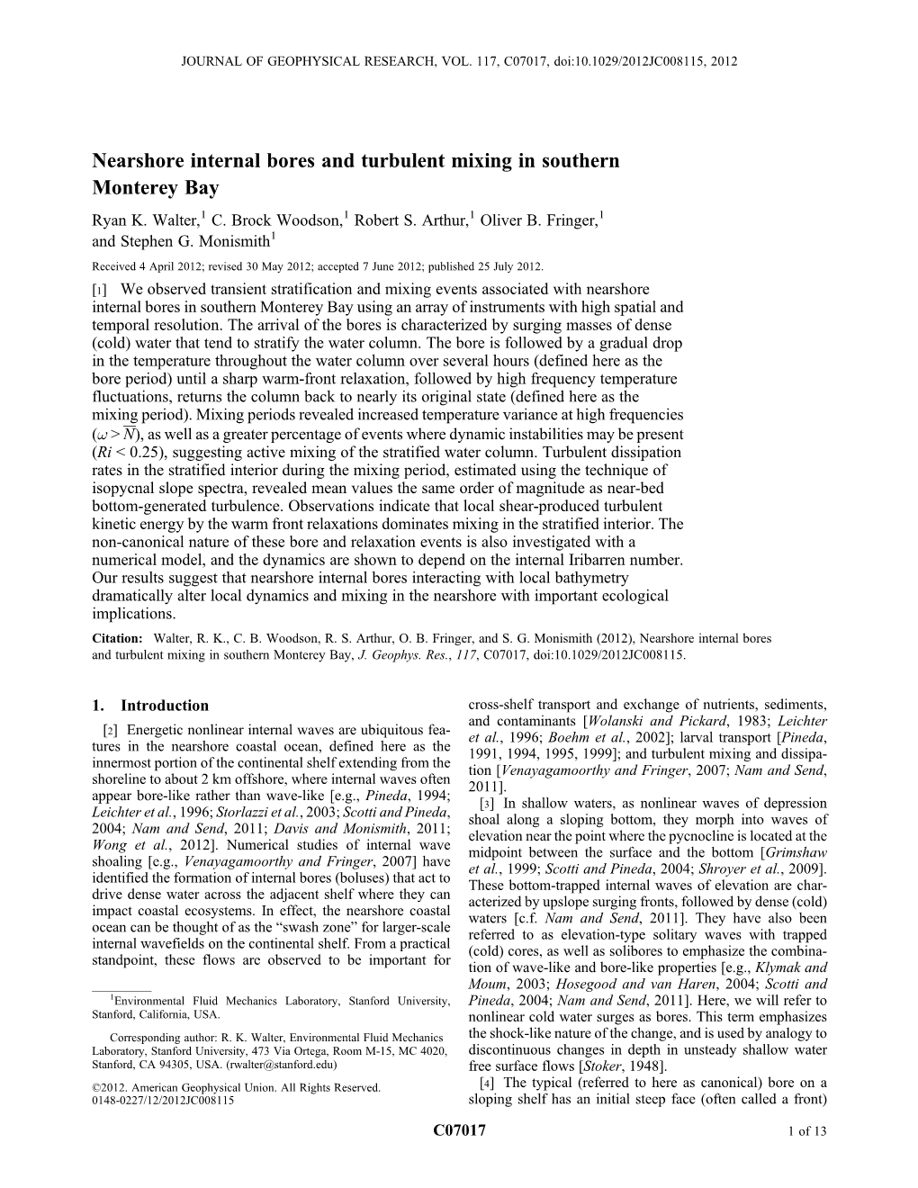 Nearshore Internal Bores and Turbulent Mixing in Southern Monterey Bay Ryan K