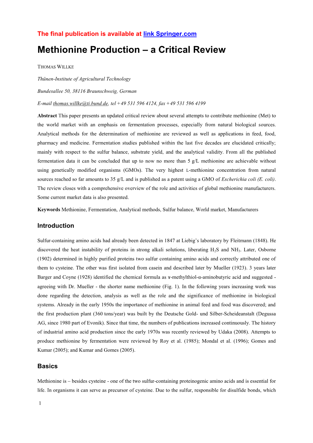 Methionine Production – a Critical Review