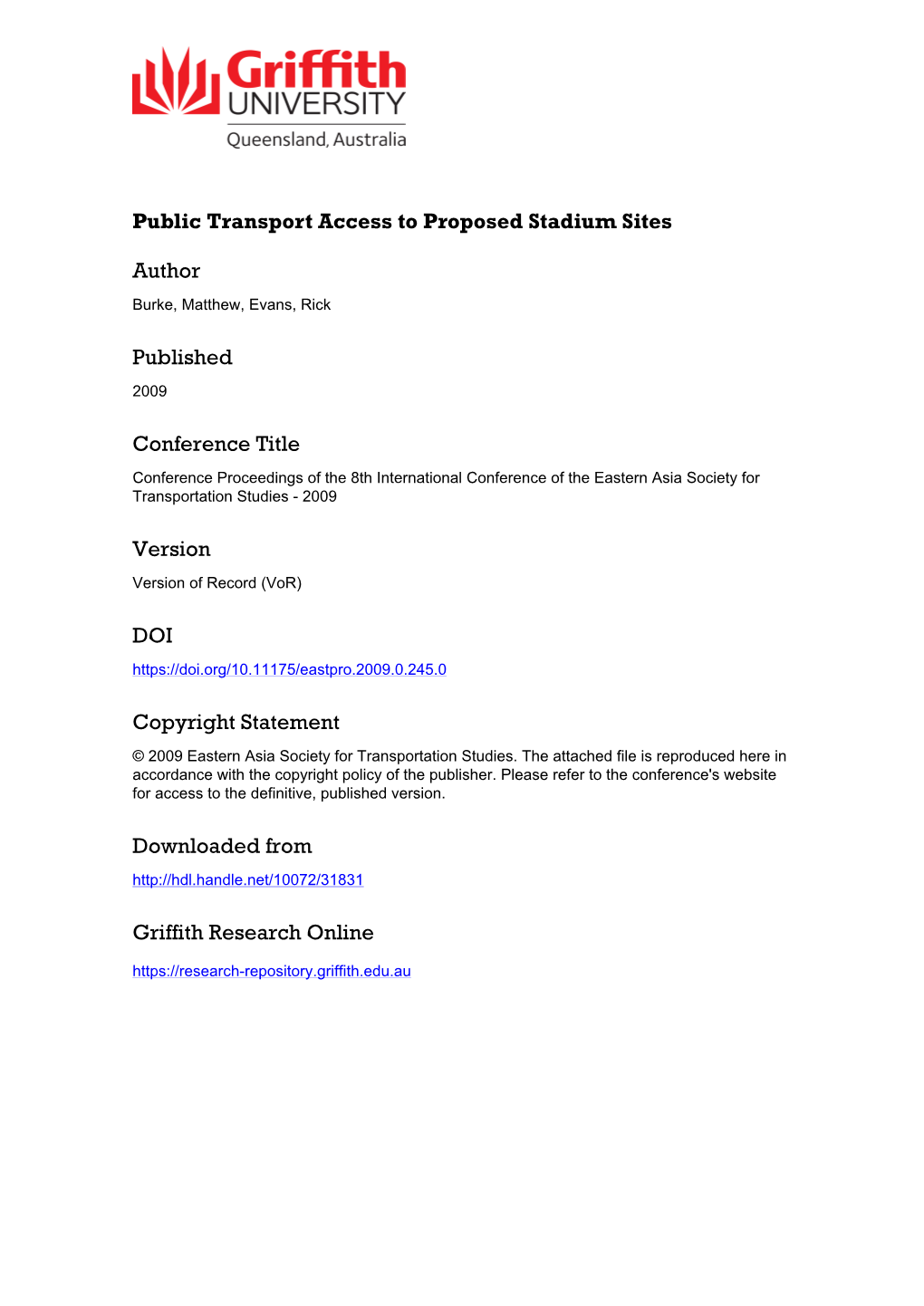 Public Transport Access to Proposed Stadium Sites