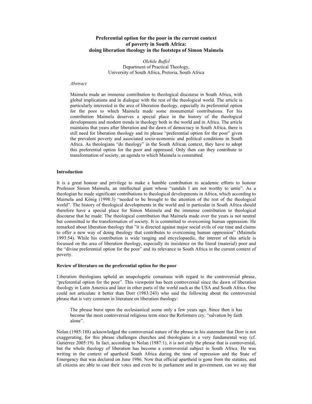 Preferential Option for the Poor in the Current Context of Poverty in South Africa: Doing Liberation Theology in the Footsteps of Simon Maimela