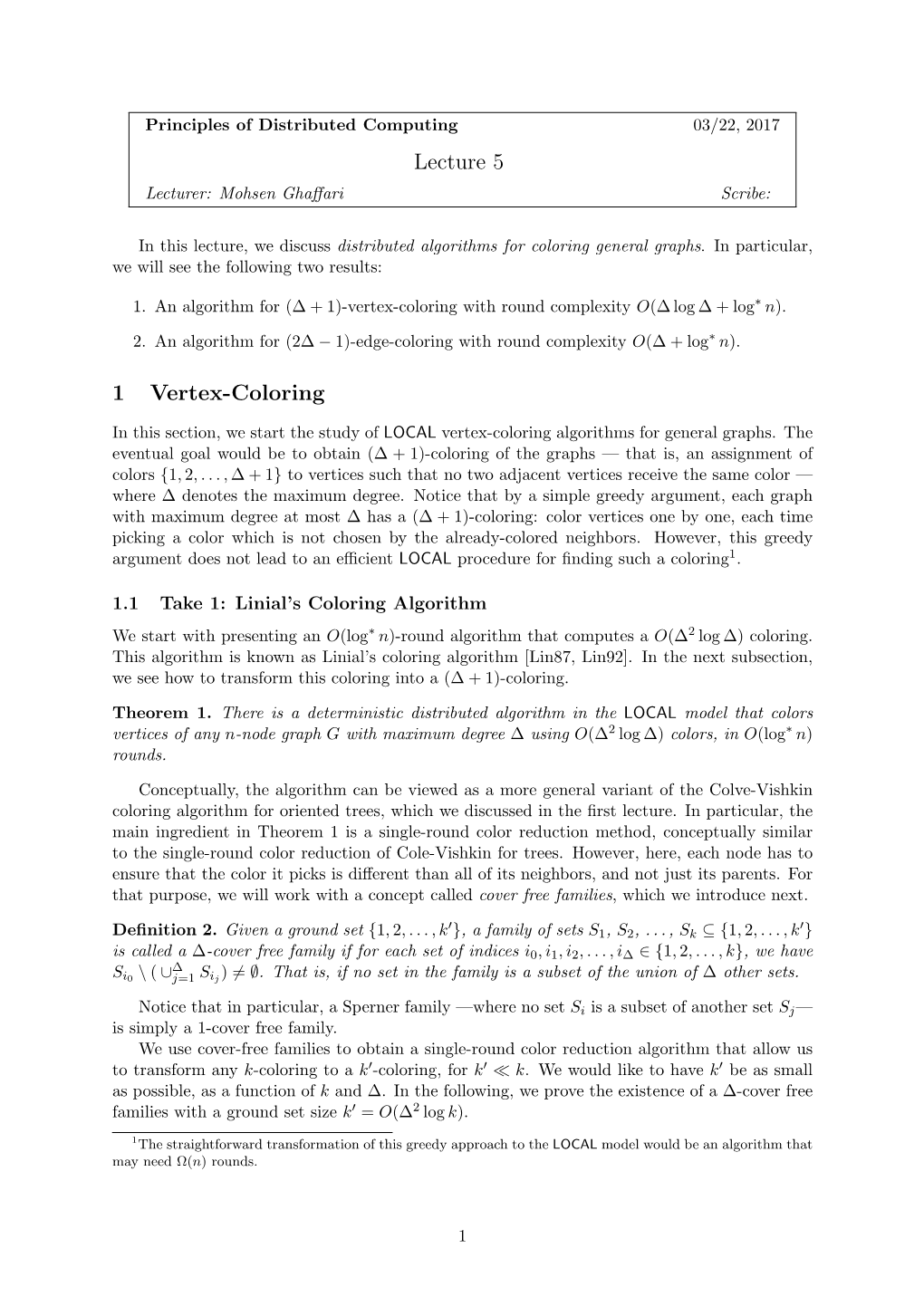 Lecture 5 1 Vertex-Coloring