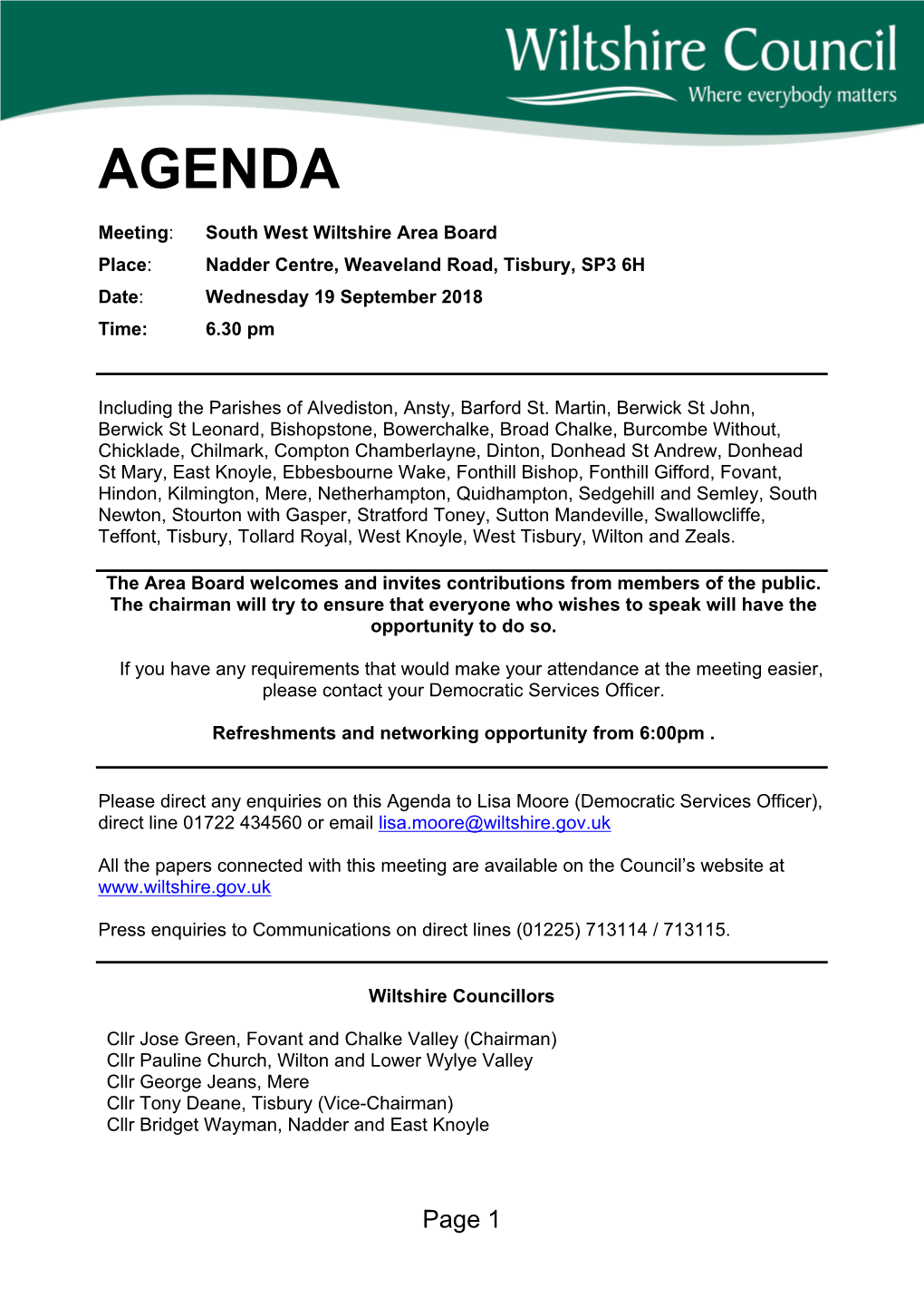 (Public Pack)Agenda Document for South West Wiltshire Area Board