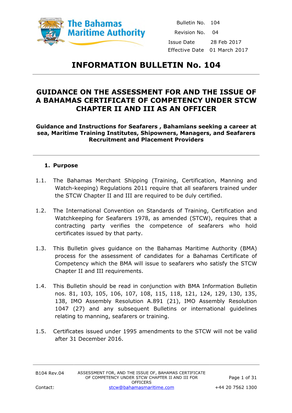 BMA Bulletin 104 – Bahamas Certificate of Competency Type