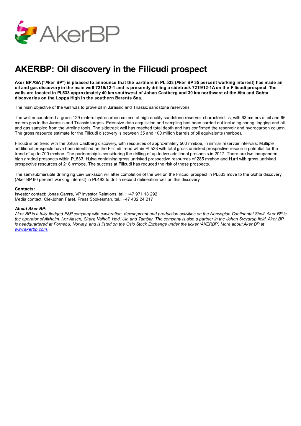 AKERBP: Oil Discovery in the Filicudi Prospect