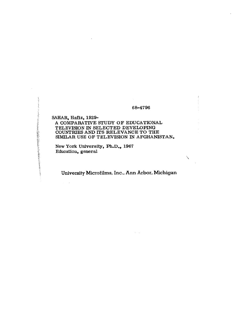 68-4796 University Microfilms, Inc., Ann Arbor, M Ichigan