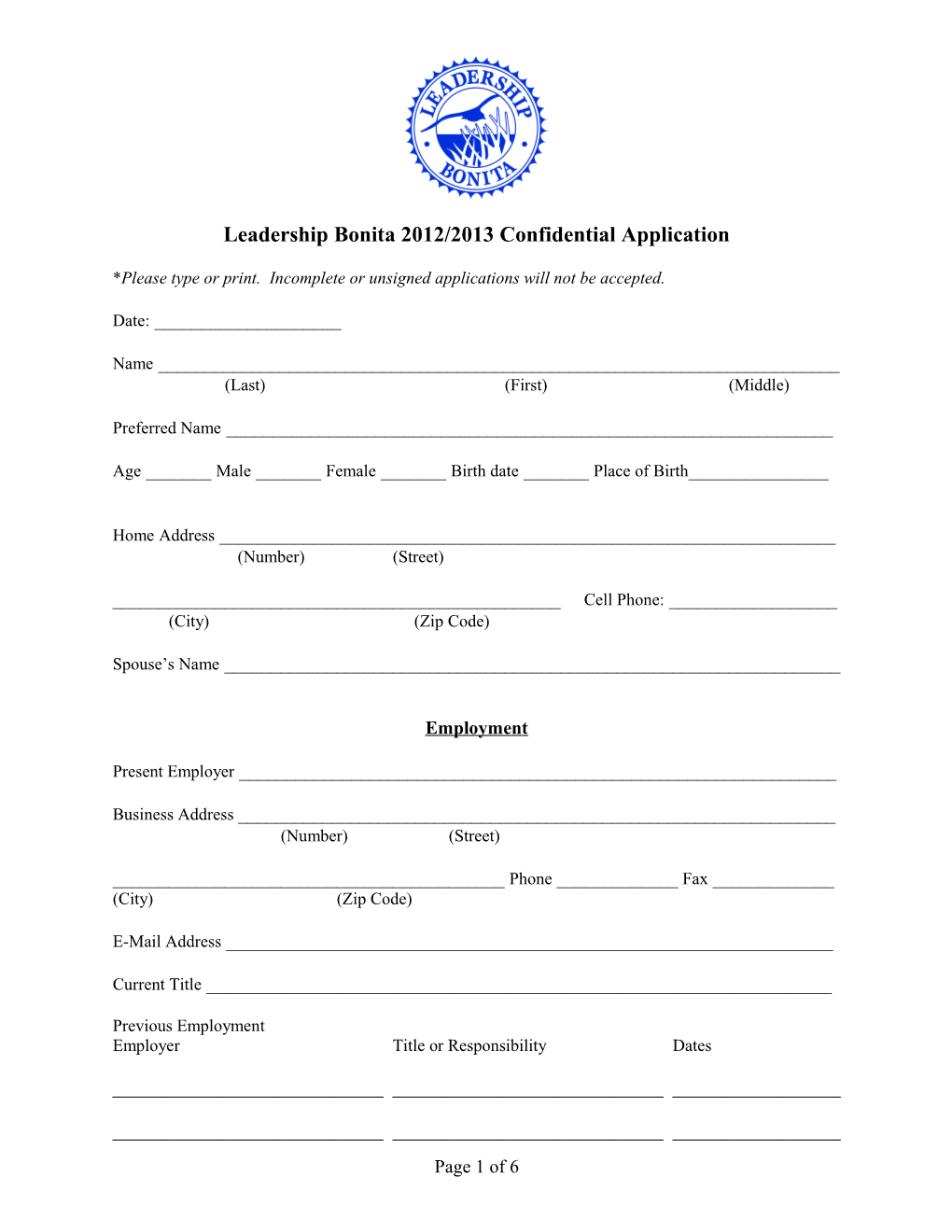 Leadership Bonita 2012/2013 Confidential Application