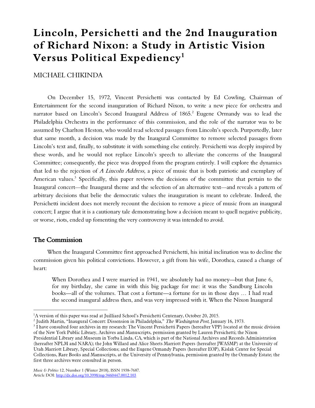 Lincoln, Persichetti and the 2Nd Inauguration of Richard Nixon: a Study in Artistic Vision Versus Political Expediency1