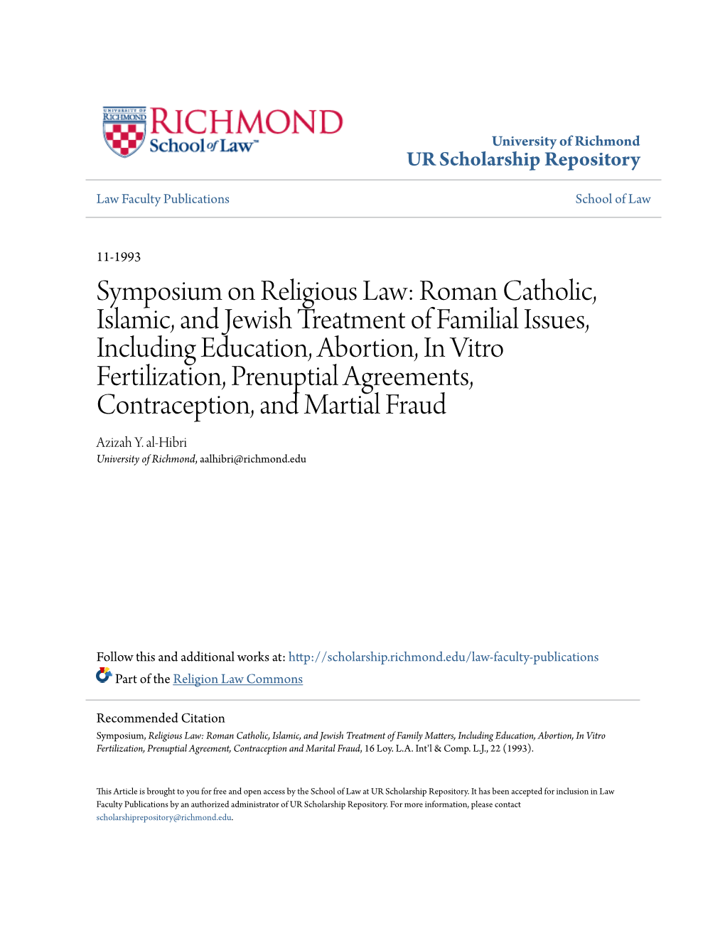 Symposium on Religious Law: Roman Catholic, Islamic, and Jewish