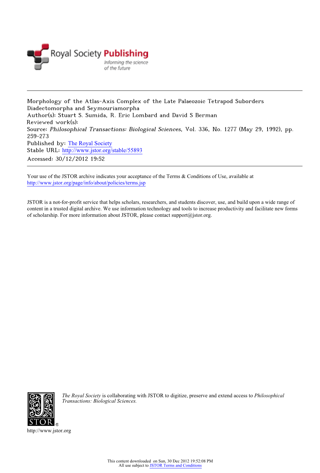 Morphology of the Atlas-Axis Complex of the Late Palaeozoic Tetrapod Suborders Diadectomorpha and Seymouriamorpha Author(S): Stuart S