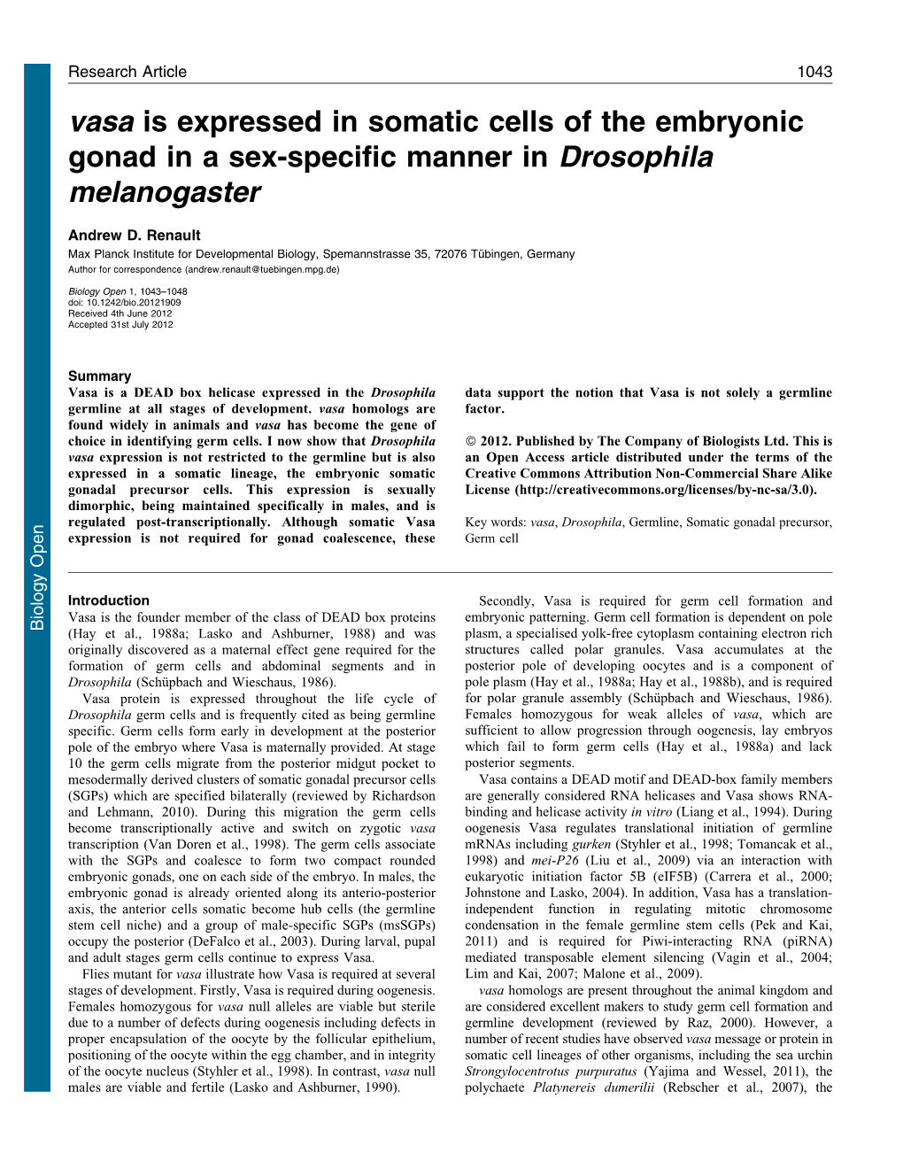 Vasa Is Expressed in Somatic Cells of the Embryonic Gonad in a Sex-Specific Manner in Drosophila Melanogaster