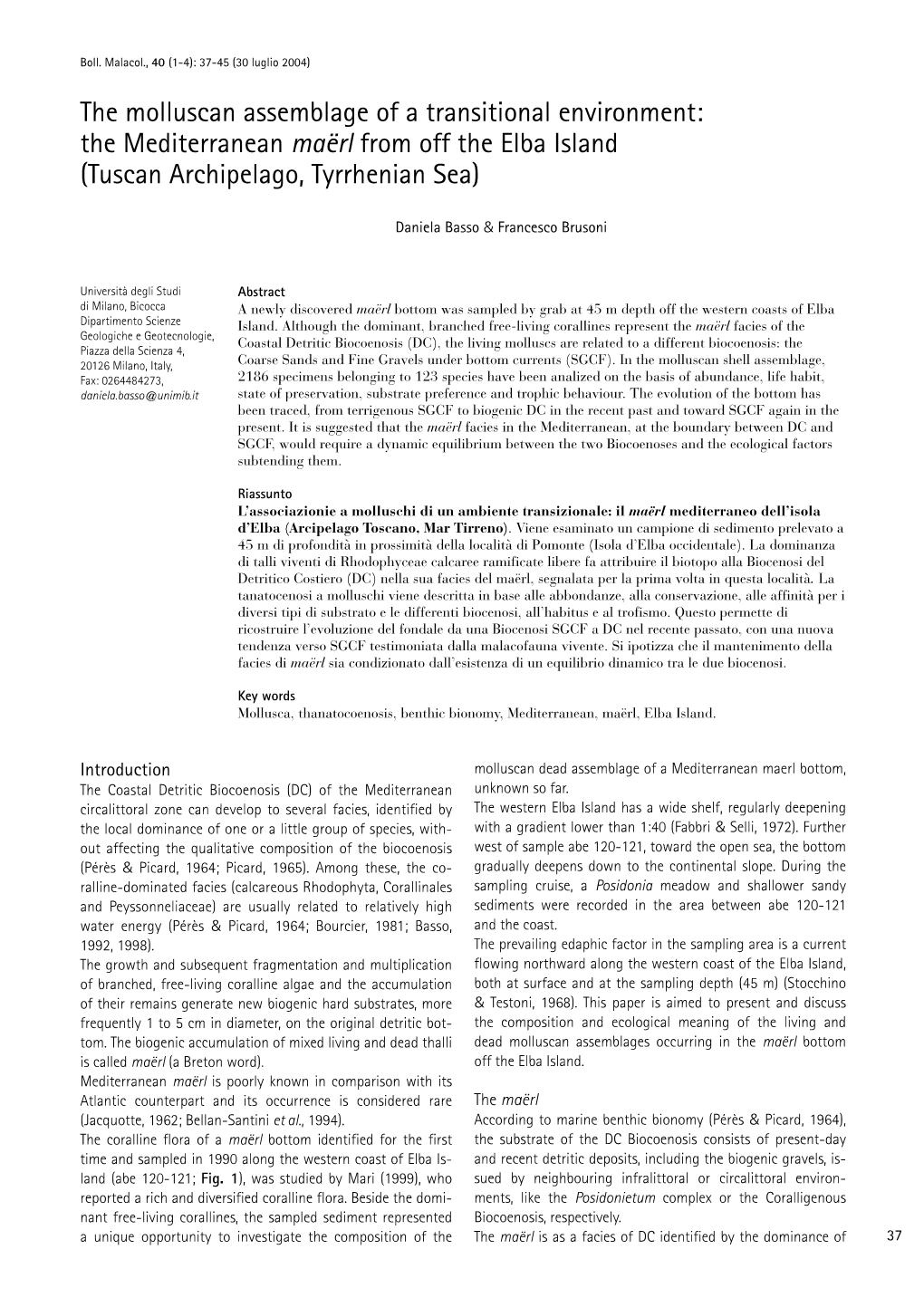 The Molluscan Assemblage of a Transitional Environment: the Mediterranean Maërl from Off the Elba Island (Tuscan Archipelago, Tyrrhenian Sea)