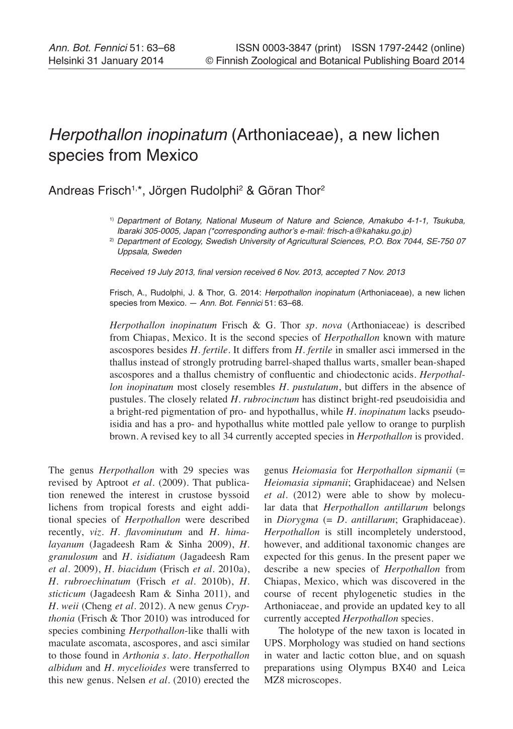 Herpothallon Inopinatum (Arthoniaceae), a New Lichen Species from Mexico