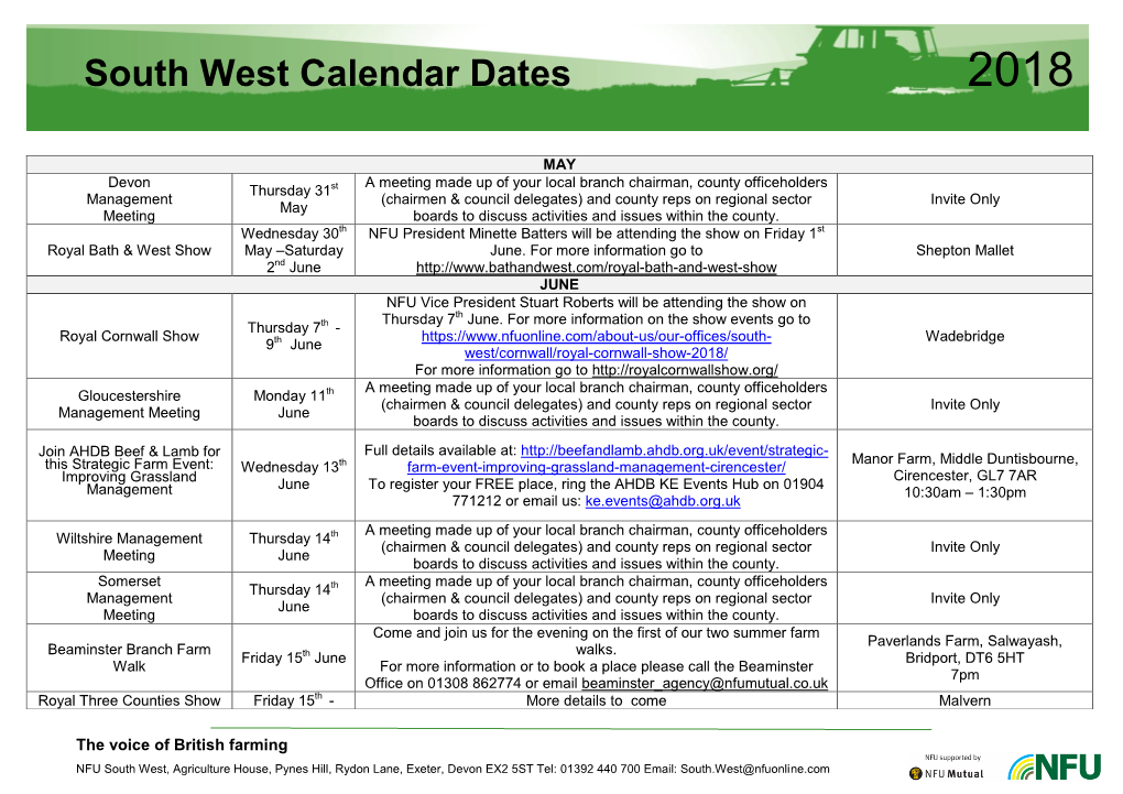 South West Calendar Dates 2018