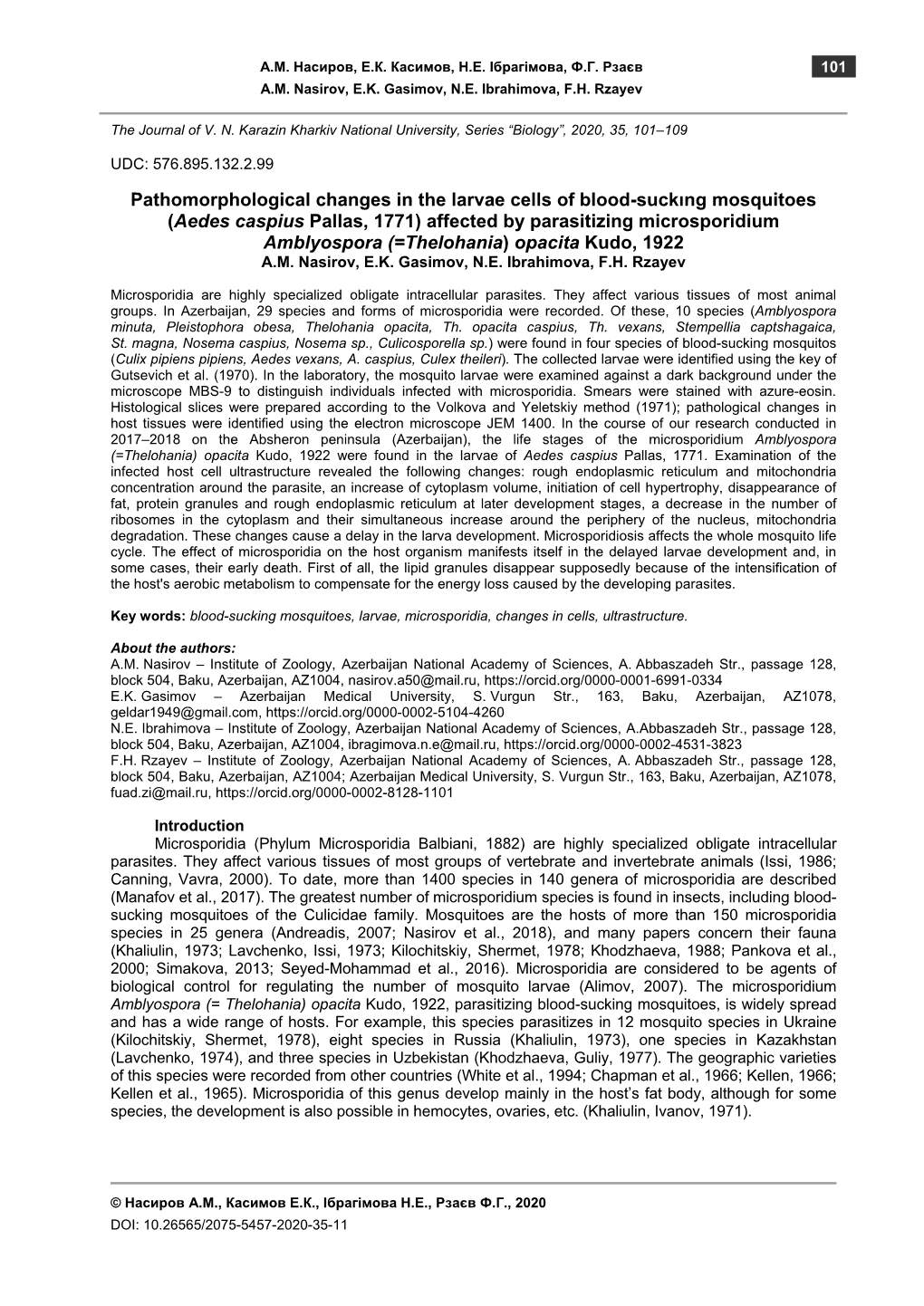 Насиров А.М., Касимов Е.К., Ібрагімова Н.Е., Рзаєв Ф.Г., 2020 Doi: 10.26565/2075-5457-2020-35-11