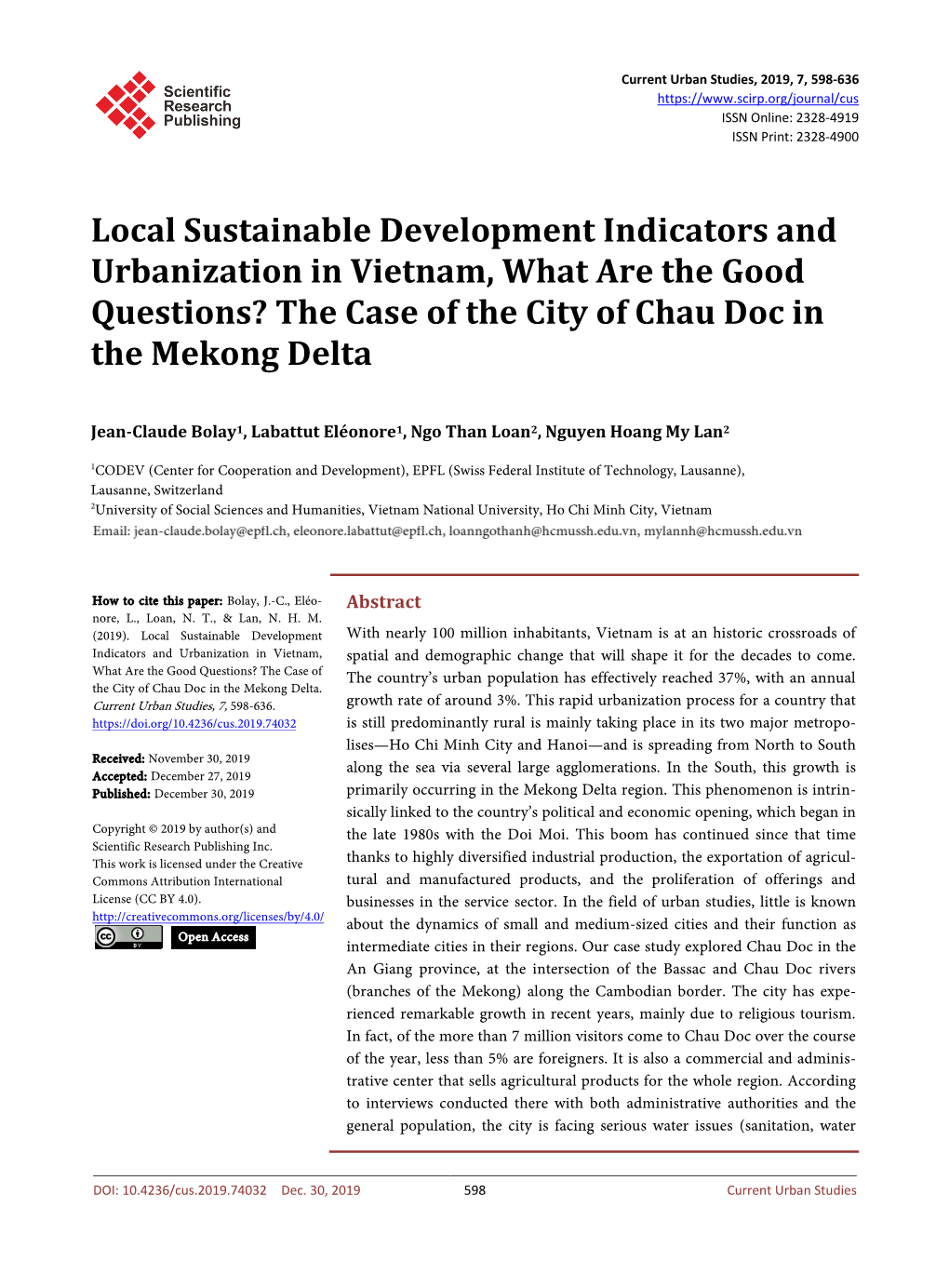 Local Sustainable Development Indicators and Urbanization in Vietnam, What Are the Good Questions? the Case of the City of Chau Doc in the Mekong Delta