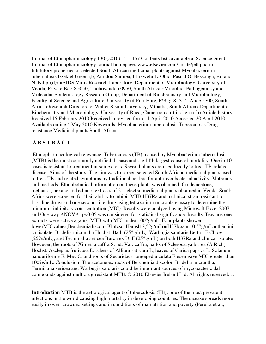 Journal of Ethnopharmacology 130 (2010) 151–157 Contents Lists