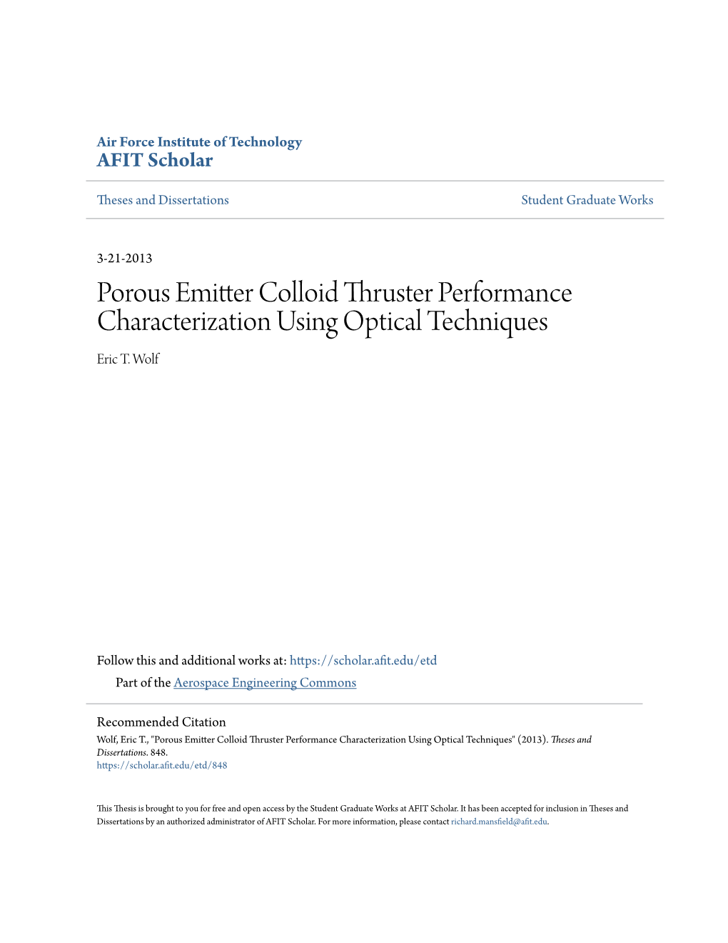 Porous Emitter Colloid Thruster Performance Characterization Using Optical Techniques Eric T