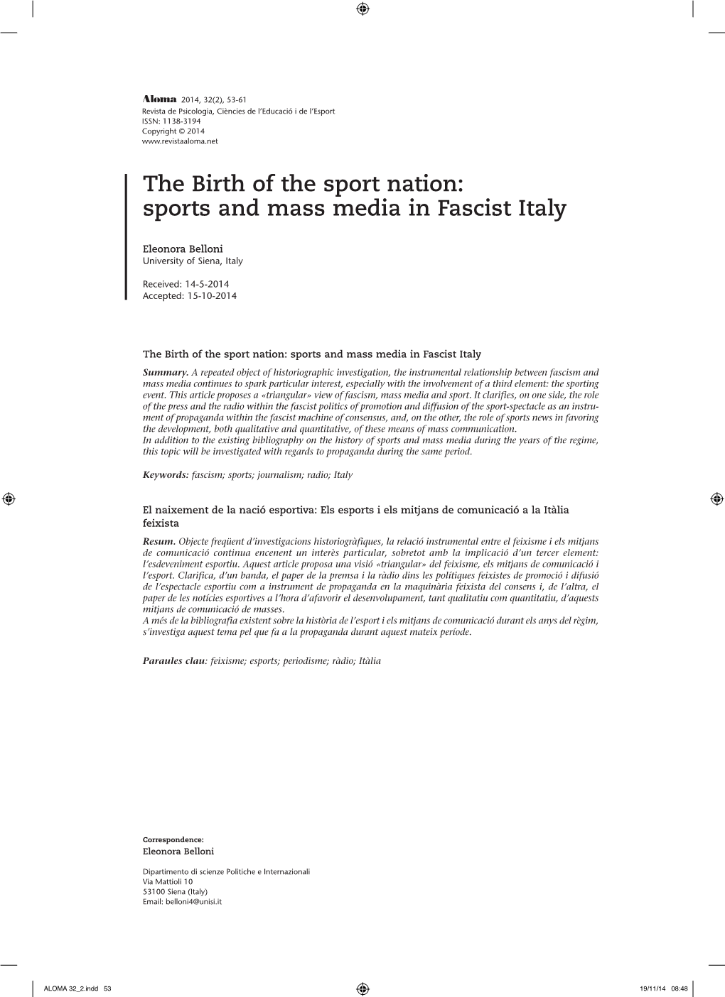 Sports and Mass Media in Fascist Italy