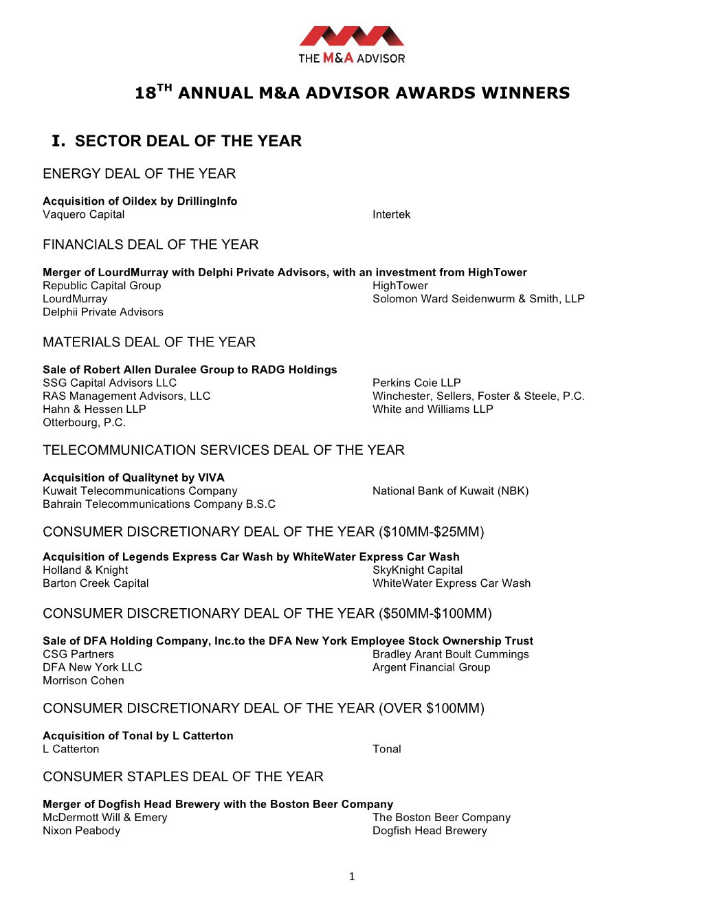 M&A Advisor Awards