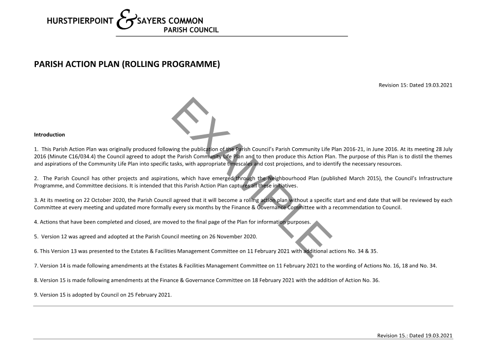 Parish Action Plan (Rolling Programme)