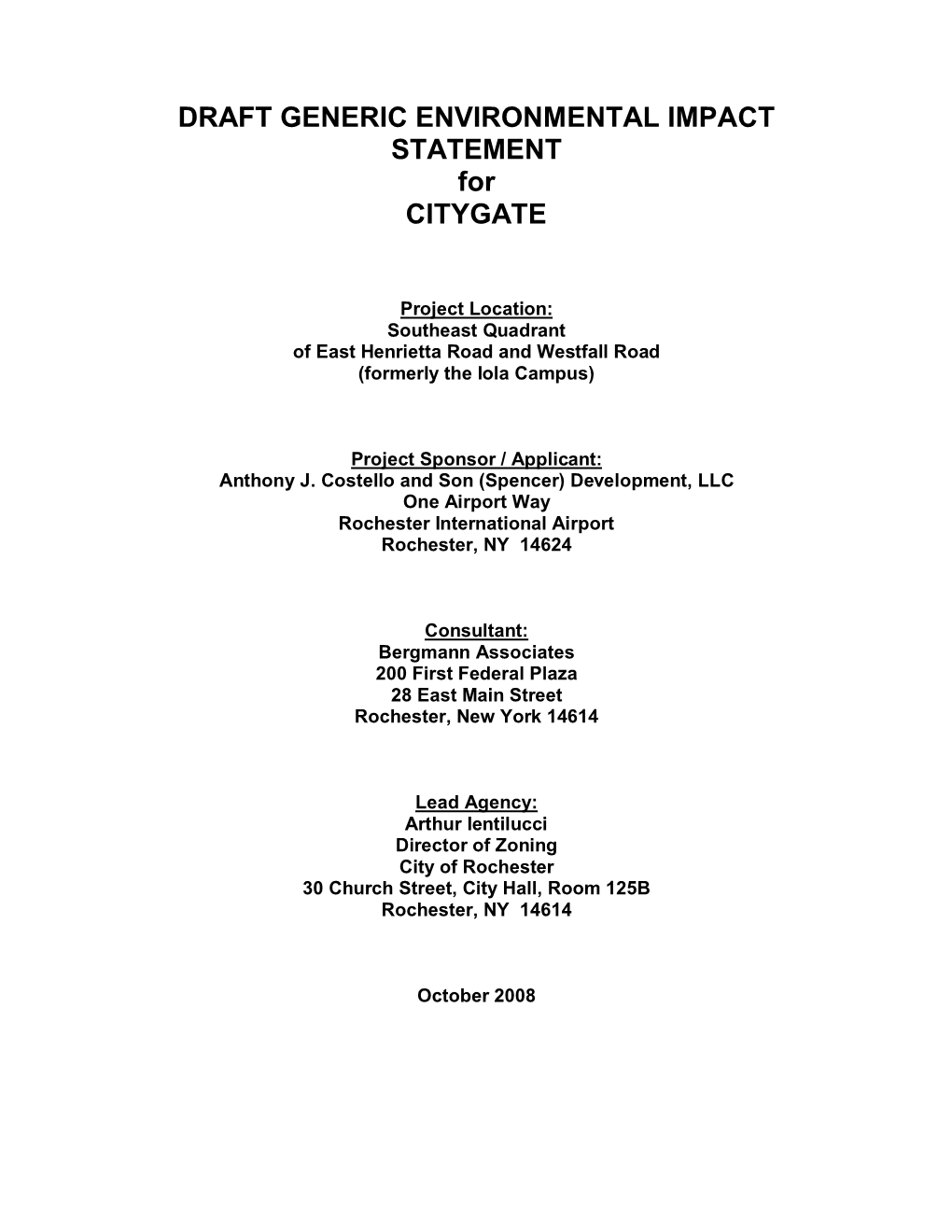 DRAFT GENERIC ENVIRONMENTAL IMPACT STATEMENT for CITYGATE