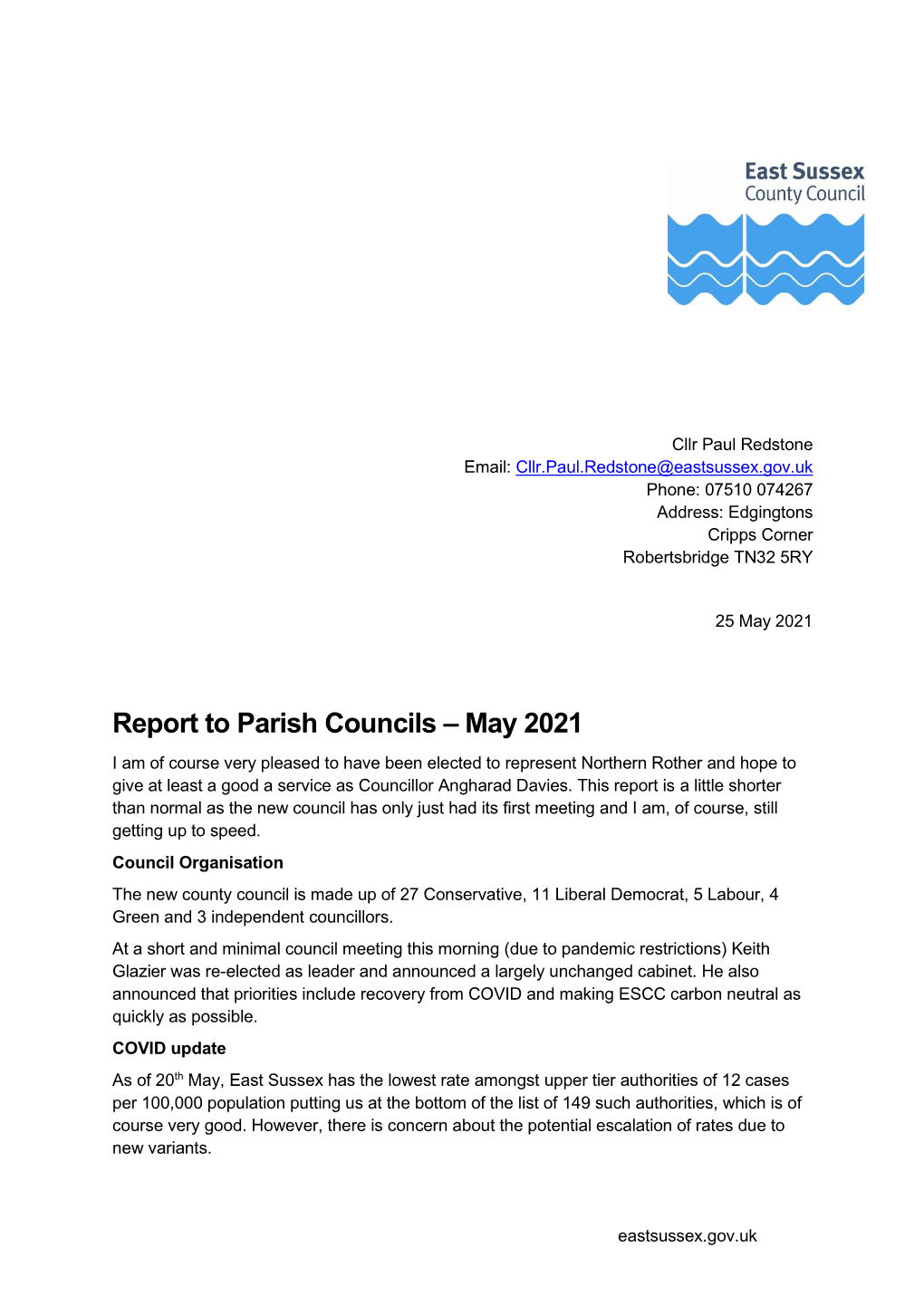Report to Parish Councils – May 2021