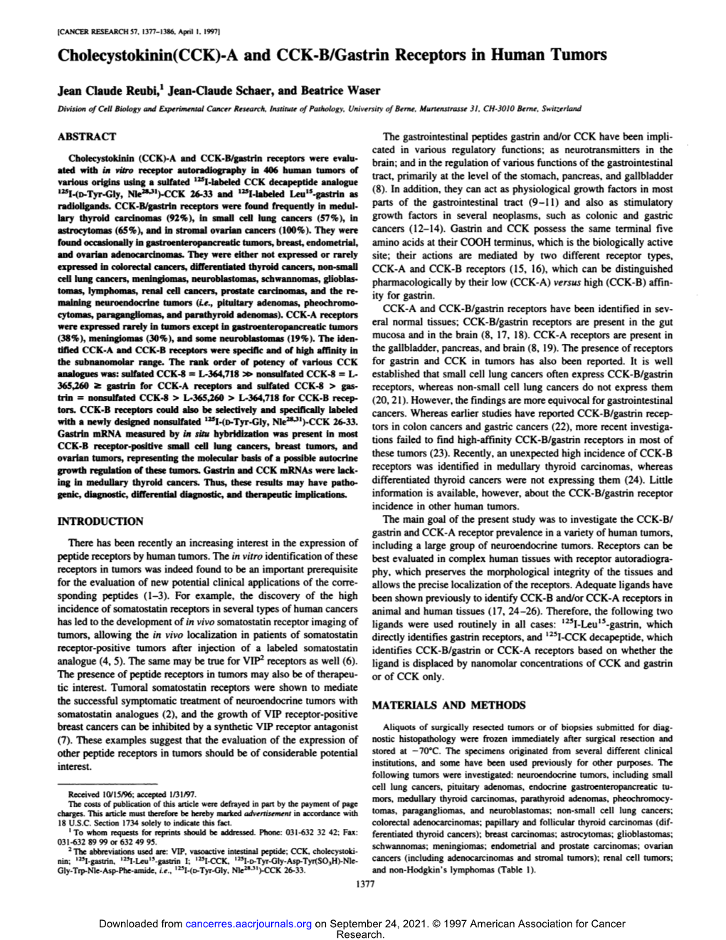 A and CCKB/Gastrin Receptors in Human Tumors