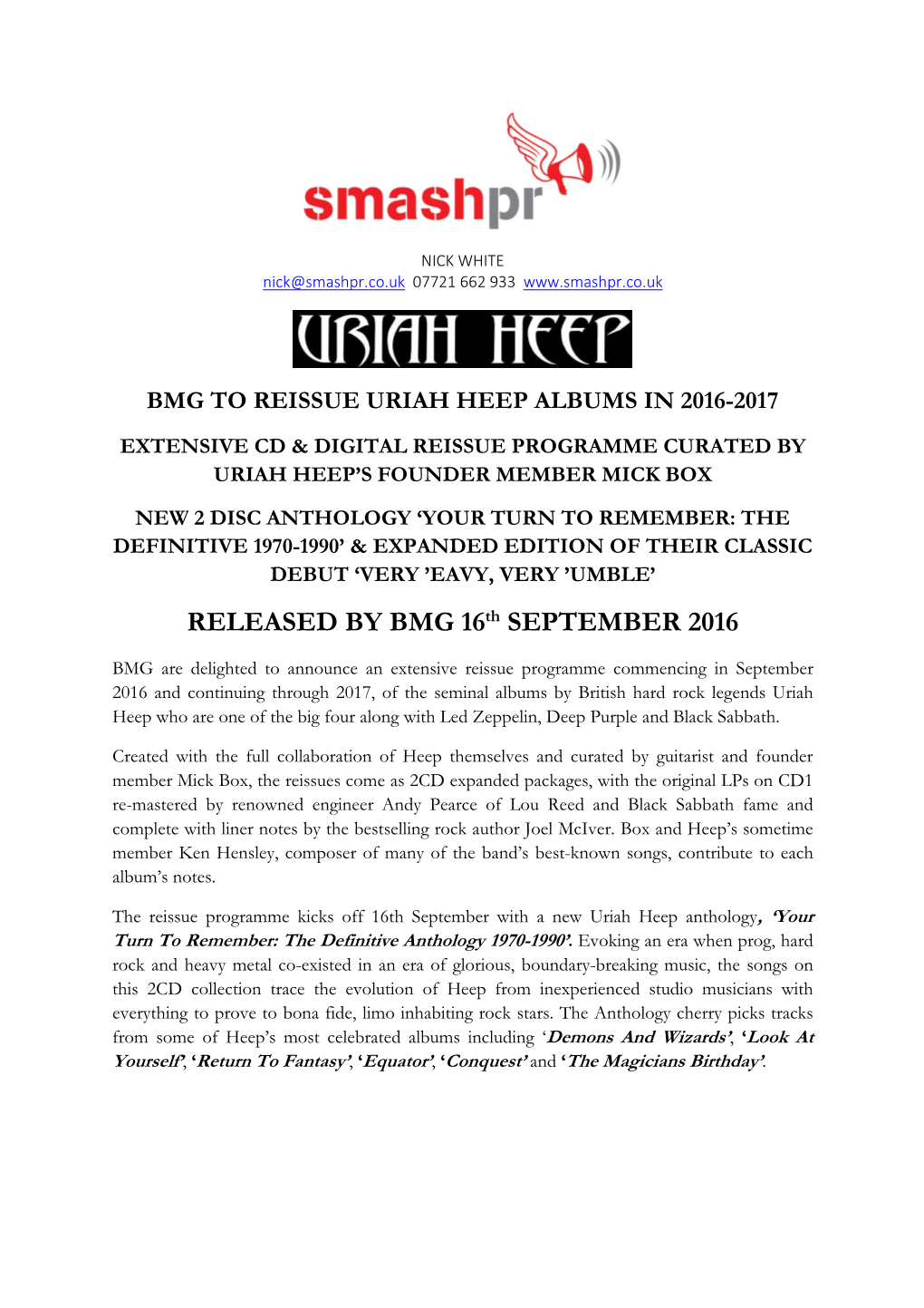 Uriah Heep Smash Pr Press Rel 21St July 2016