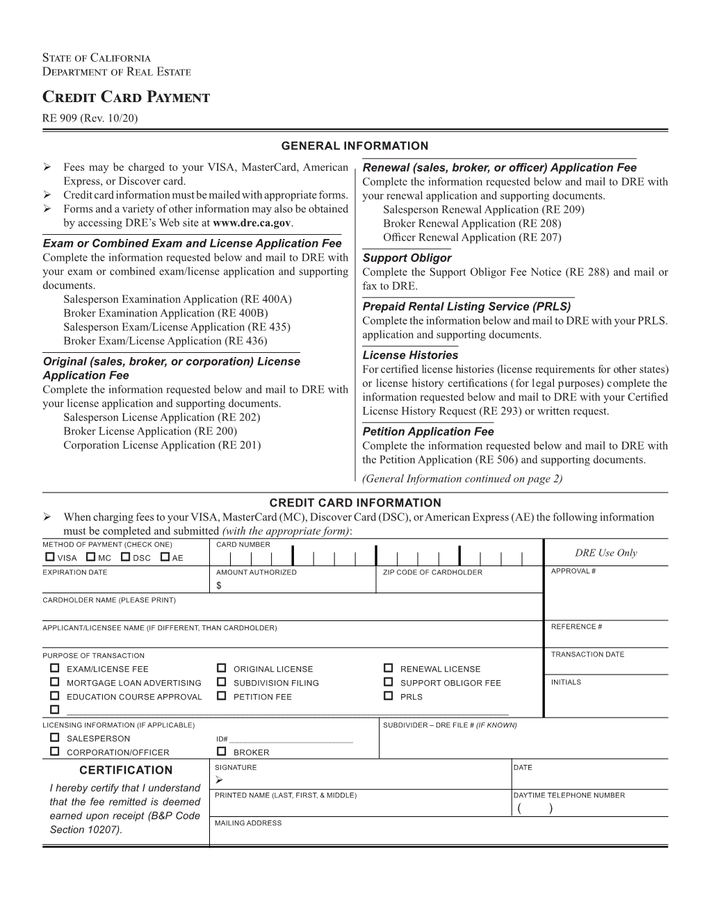 Credit Card Payment (RE 909), Rev 10/2020