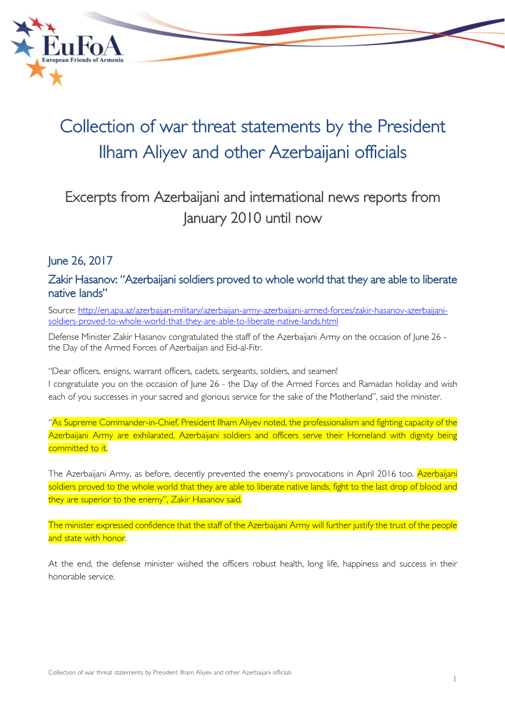 Collection of War Threat Statements by the President Ilham Aliyev and Other Azerbaijani Officials