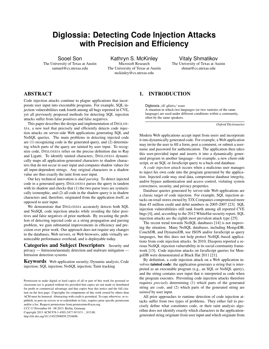 Detecting Code Injection Attacks with Precision and Efﬁciency