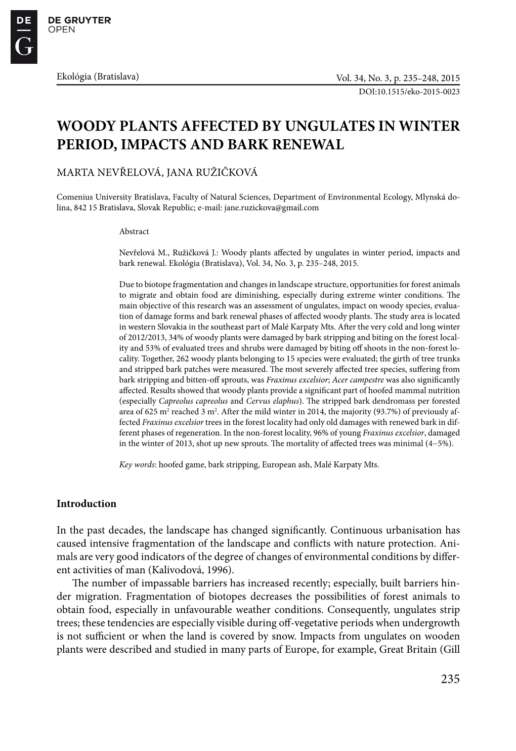 Woody Plants Affected by Ungulates in Winter Period, Impacts and Bark Renewal