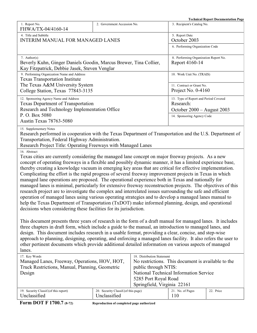 INTERIM MANUAL for MANAGED LANES October 2003