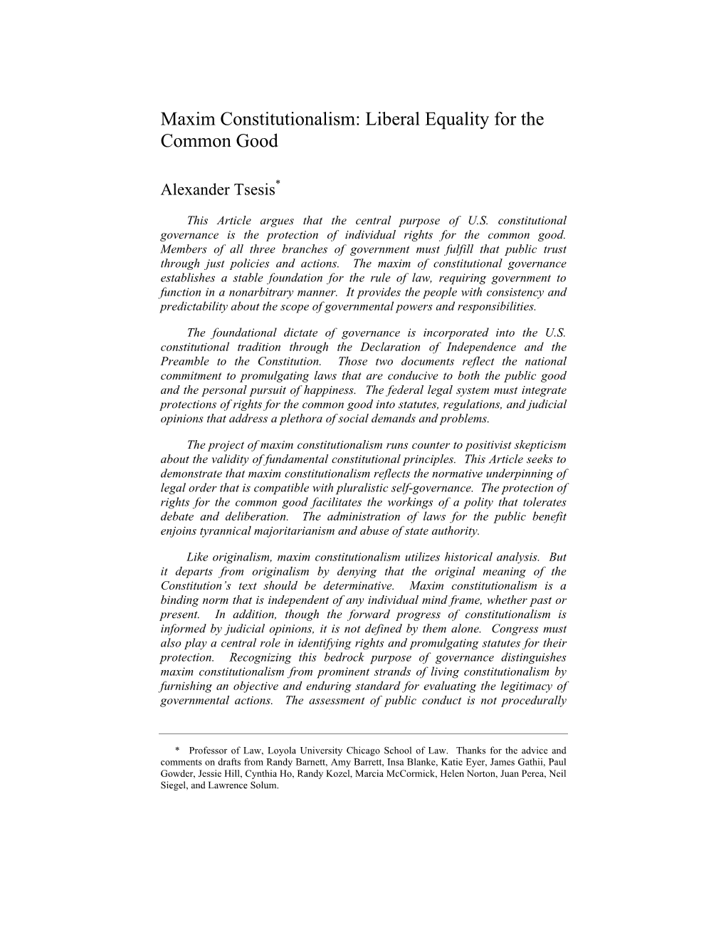 Maxim Constitutionalism: Liberal Equality for the Common Good