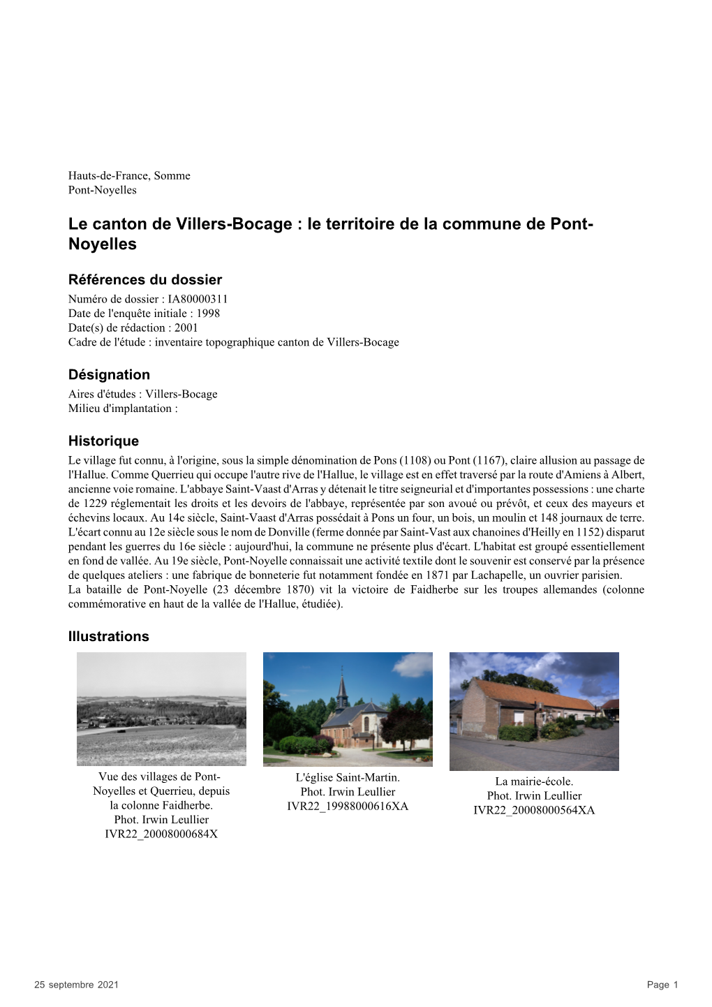 Le Canton De Villers-Bocage : Le Territoire De La Commune De Pont- Noyelles