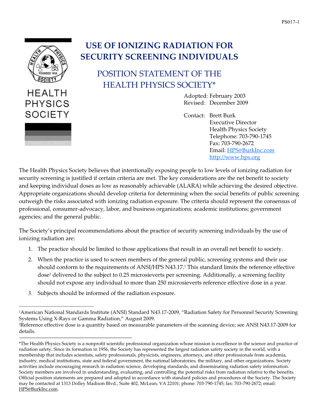PS017-1 Use of Ionizing Radiation for Security Screening Individuals