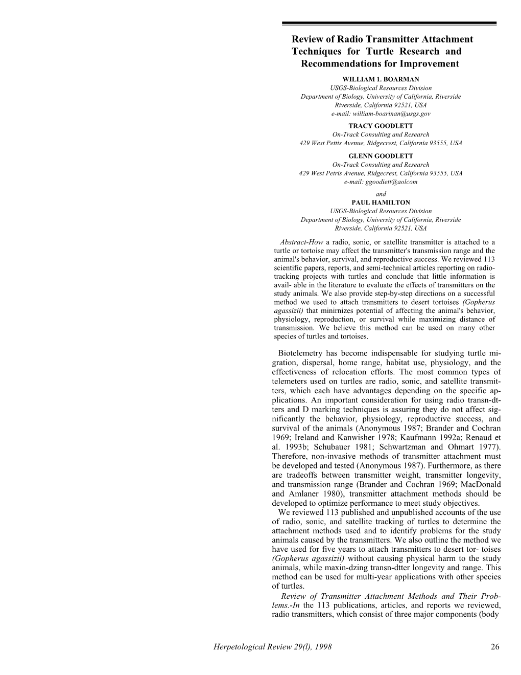 Review of Radio Transmitter Attachment Techniques for Turtle Research and Recommendations for Improvement