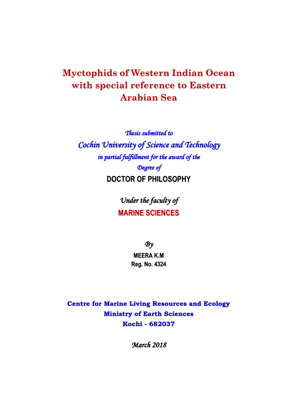 Myctophids of Western Indian Ocean with Special Reference to Eastern Arabian Sea